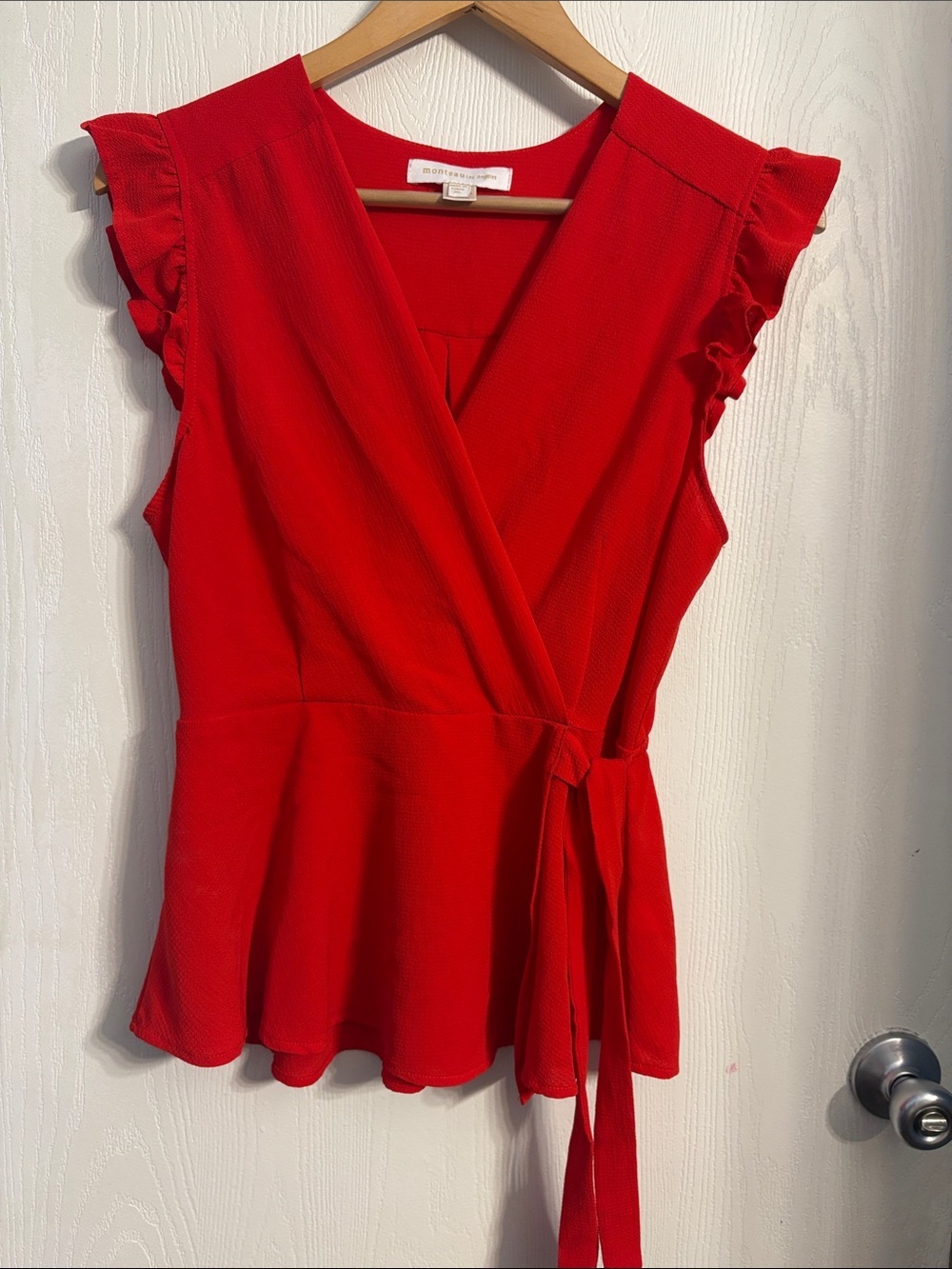 Red Wrap Peplum Blouse with Ruffle Cap Sleeves